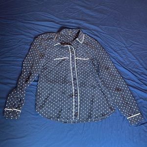 Ann Taylor Dark Navy and White Polka Dot Silk Button Down Size XS